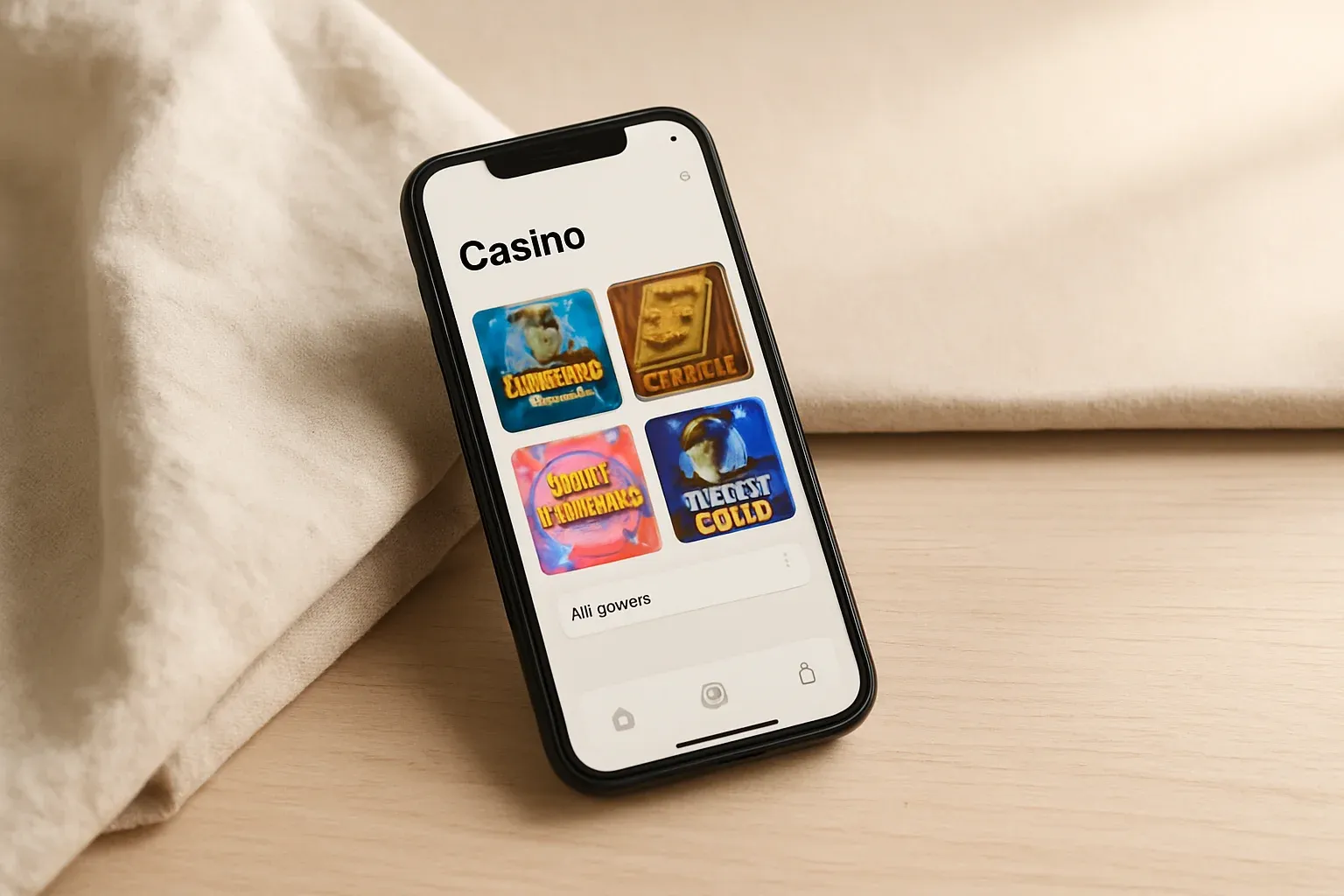 Smartphone angled on cream background showing light casino game interface
