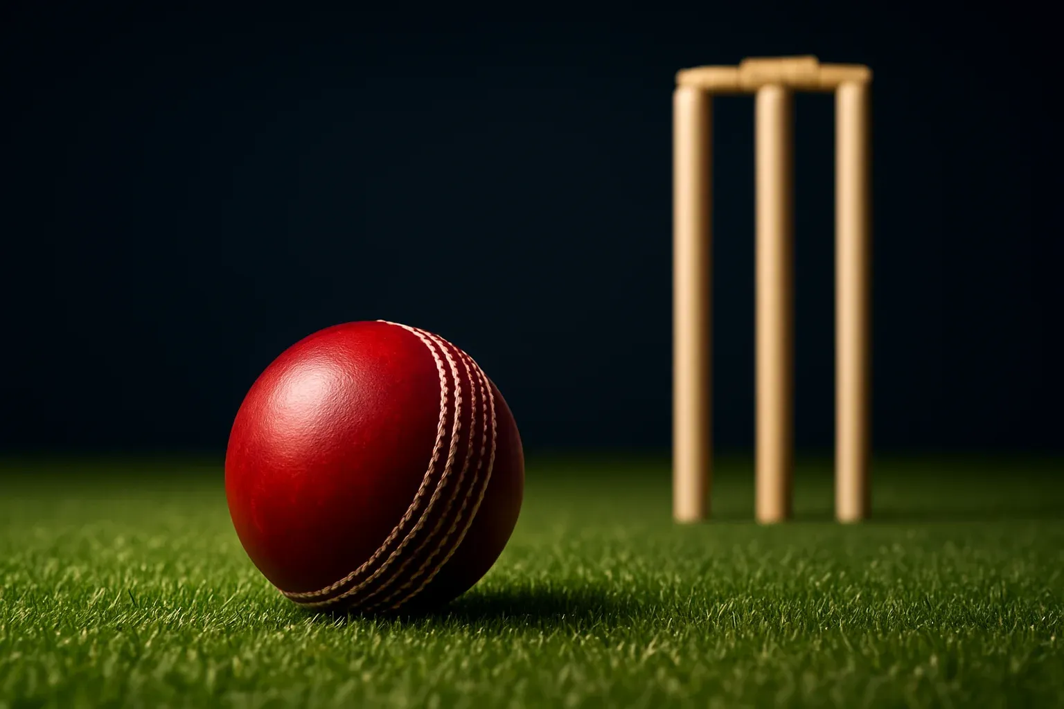 Red cricket ball on mown grass with stumps at dusk
