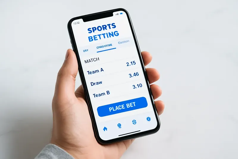 Hand holding smartphone showing sports betting odds on white marble surface