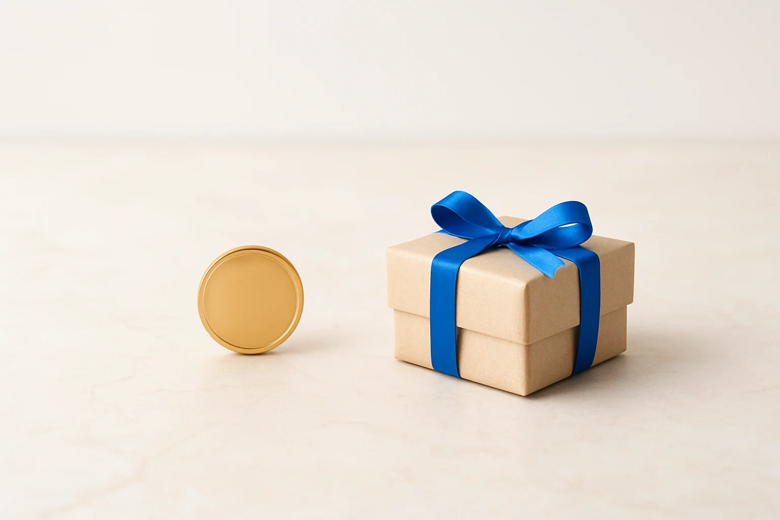 Single gold coin beside small unwrapped gift box on marble surface