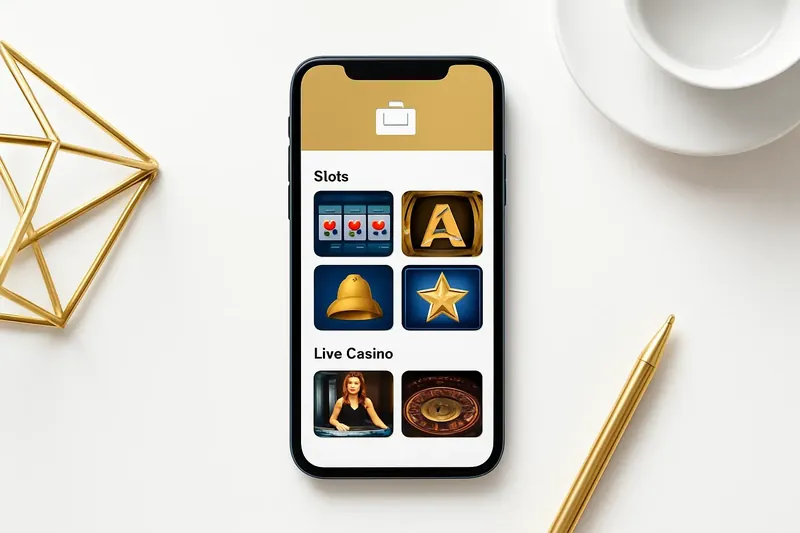 Mobile phone displaying casino app with slots and live games