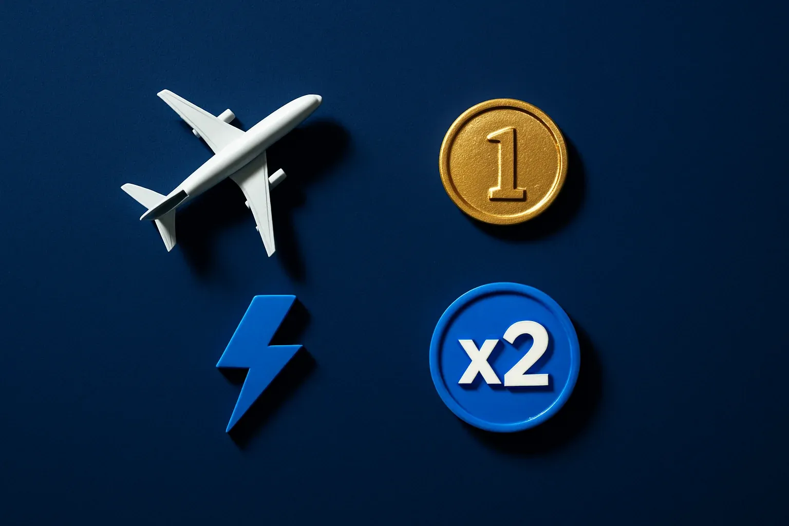 Overhead flat lay with airplane figurine, gold coin, lightning bolt, multiplier badge