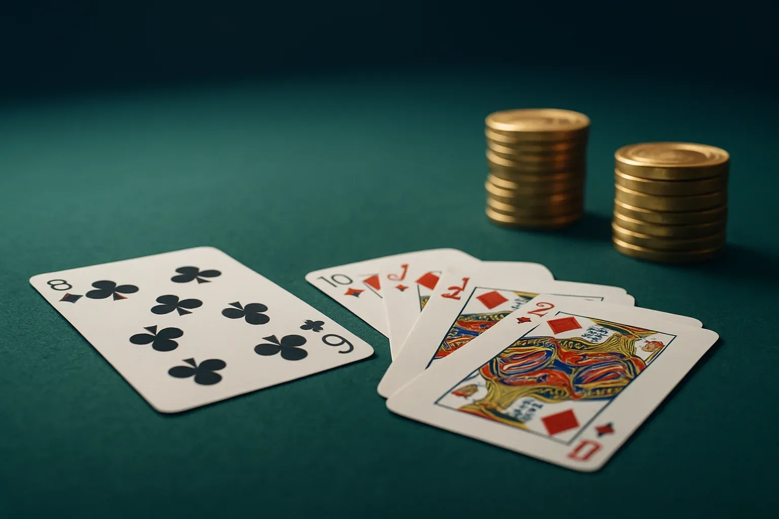 Green felt casino table with card hands and stacked gold chips