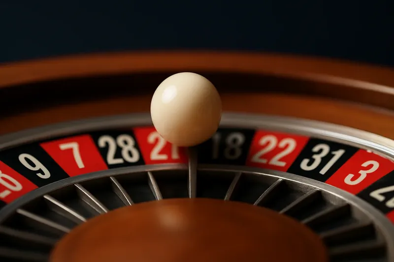 Roulette ball frozen mid-roll on wheel rim with blurred numbers