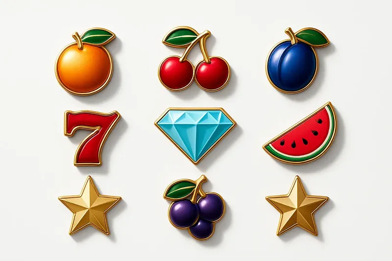 Assorted casino slot icons with fruit, diamonds, lucky sevens, and stars