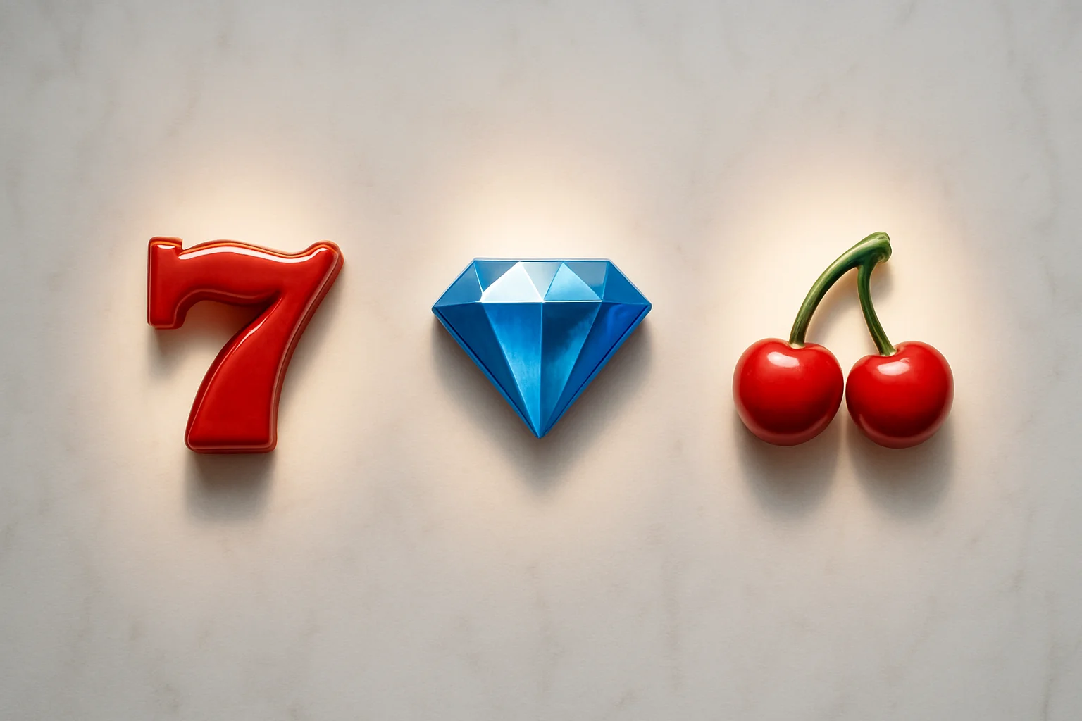 Overhead flat lay of seven, diamond, and cherry slot symbols